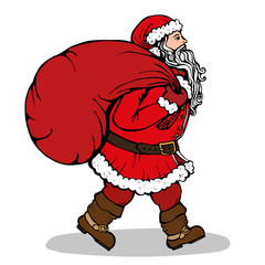 Santa claus with a bag of gifts on white background. Vector illustration for retro christmas card.