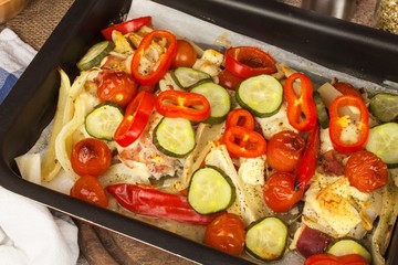 Baked chicken breast with cheese, mustard and vegetables. Food from the oven. Finished diet food.
