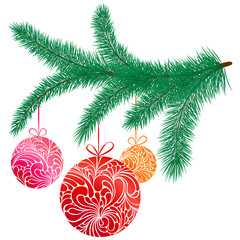 Vector illustration with fir branch and tree toys