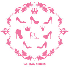 Set of woman shoes silhouettes with crowns in vintage frame. 