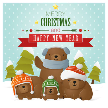Merry Christmas and Happy New Year greeting card with bear family , vector , illustration