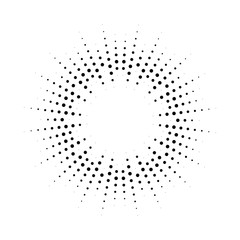 Halftone effect illustration. Black dots on white background. Black and white Sunburst background. Abstract dotted background.