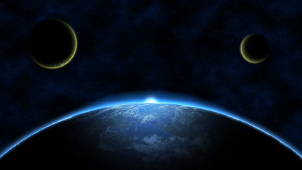 Planet earth sunrise and two meteorites