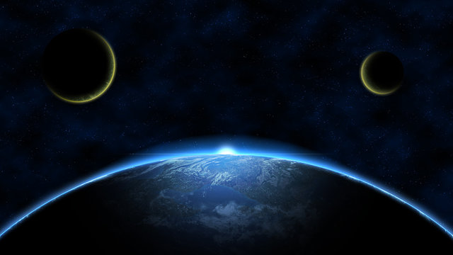 Planet earth sunrise and two meteorites