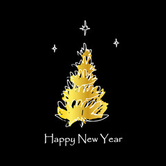 Hand drawn Christmas tree with gold on black background. New Year greeting card. Vector