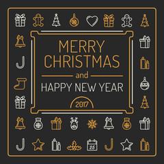 Merry Christmas and Happy New Year Card. Golden and Silver Colour Outlines on Black Background. Luxury Trendy Line Design. Vector Illustration.