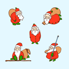 Cartoon Christmas set. Vector set of five cartoon Santa Claus