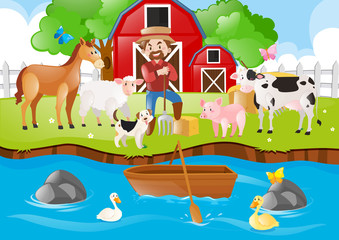 Farm scene with farmer and animals by river