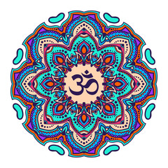 Indian mandala with the Om symbol in the centre. Vector illustration. Good for mehndi tattoo or for ayurveda project design. Zentangle graphic