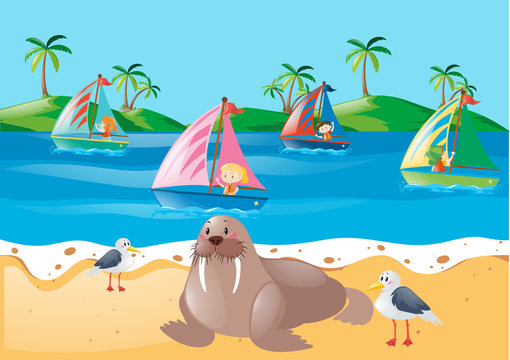 Scene with kids sailing and animals on beach