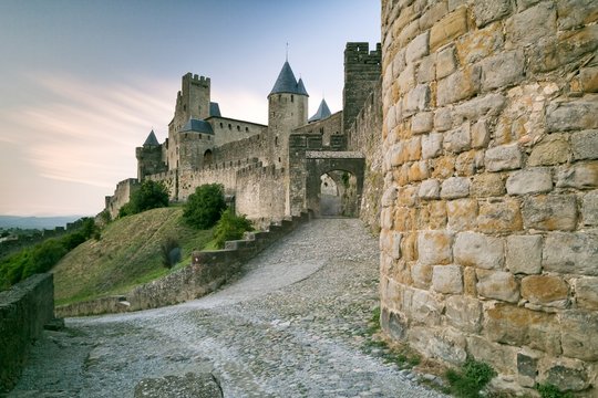 The mediavel ancient city of Carcassonne at sunset, France