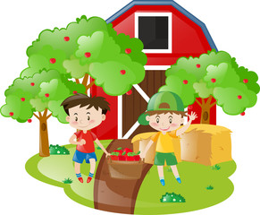 Obraz na płótnie Canvas Two boys working in the orchard