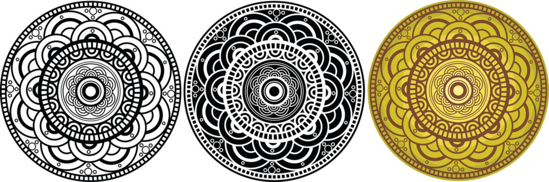 Set of 3 flower mandals for coloring book. Round pattern