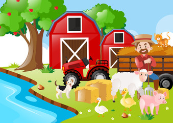 Farm scene with farmer and animals