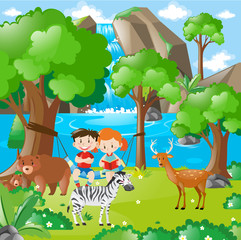 Obraz na płótnie Canvas Farm scene with kids and animals