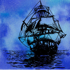 арт иллюстрация корабль на акварельном фоне  © littlemagic