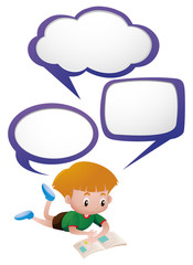 Boy reading book with three thinking clouds