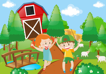 Boy and girl playing in the farmyard