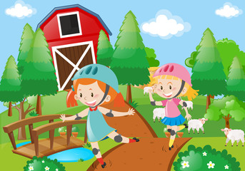 Two girl rollerskate in the farmyard