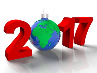 The figures in 2017, with the image of the ground like a toy for Christmas tree, in the form the planet Earth, on white background, 3d render