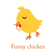Cute cartoon yellow chicken with worm, vector, bird, illustrations, animal,  illustration on white background.