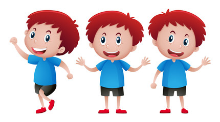 Boy in blue shirt in three different actions