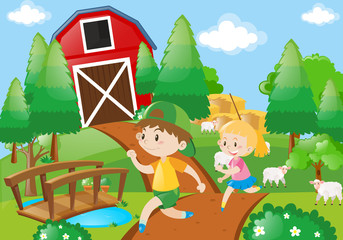 Obraz na płótnie Canvas Farm scene with kids running in the field