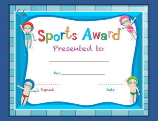 Certificate template with kids swimming