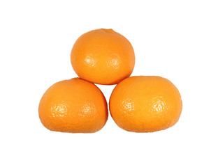 Three piled up vivid color ripe oranges isolated on white background, Close-up 