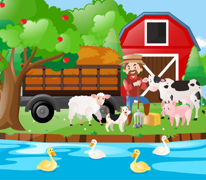 Farm scene famer and farm animals by the river