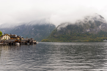 Fototapeta premium Hallstatt town and lake during gloomy and cloudy day