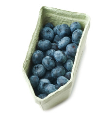 blueberries in cardboard box isolated on white background
