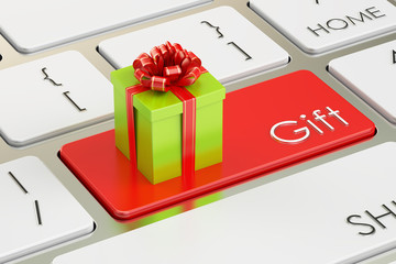 Gift concept, red key on keyboard. 3D rendering