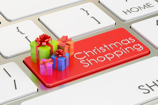 Christmas shopping concept on red keyboard button, 3D rendering