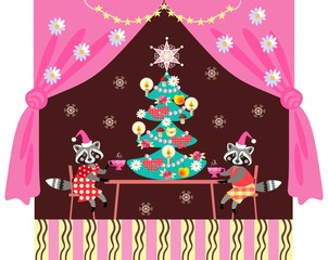 Merry Christmas! Cute raccoons drinking tea. Greeting card.