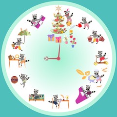 Naklejka premium Clock with cute raccoons. Vector set of cartoon raccoons.