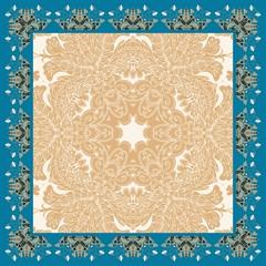 Lovely tablecloth with floral frame. Kerchief design. Can be used for cards, bandana prints  and napkins. Vector image.