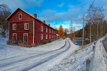 Traditional red ochre painted colour wooden house, Finland