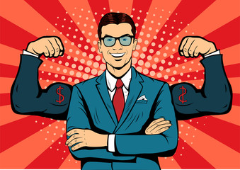 Man with muscles currency dollar pop art retro style. Strong Businessman in glasses in comic style. Success concept vector illustration. © Brazhyk