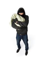 Terrible robber hugging big sack