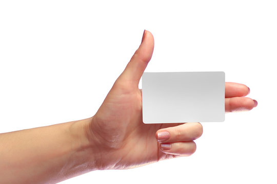 Left Female Hand Hold Blank White Card Mock-up. SIM Cellular Plastic NFC Smart Tag Call-card Mock Up Template. Credit Namecard or Transport Ticket. Christmas Store Discount Loyalty Gift. Copy space.