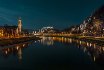 Austrian town Salzburg at christmas night