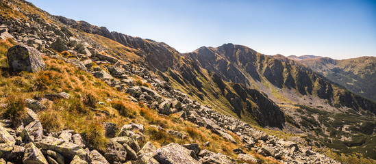 Panoramic View of Mountain Landscape on Sunny Day with Rocks in Foreground. Mount Derese, Low Tatras Mountain, Slovakia.