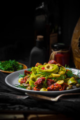Warm lunch Pasta tomato sauce capers asparagus Magic light