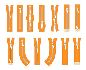 Vector set of zippers and fastener. Schematic isolated illustration of different types of zippers in a closed and opened positions. Metal or plastic clasps. Clothes accessory.