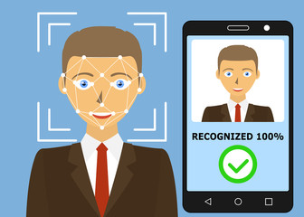 Biometrical identification. Facial recognition system concept. Mobile app for face recognition. Vector illustration