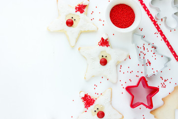 Christmas Xmas New Year baking concept with cute holiday santa cookies