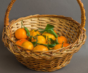 fresh orange tangerines with green  leaves in a basket