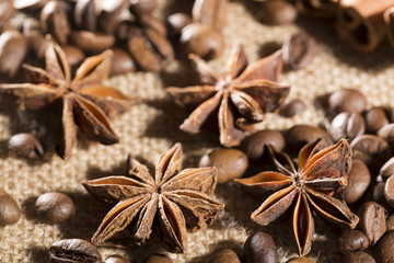 Coffee beans and stars anise on sackcloth.. Selective focus