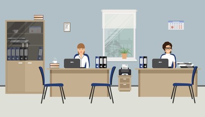 Web banner of two office workers. Two young women are employees at work. There is furniture in beige color and blue chairs on a windows background in the picture. Vector flat illustration